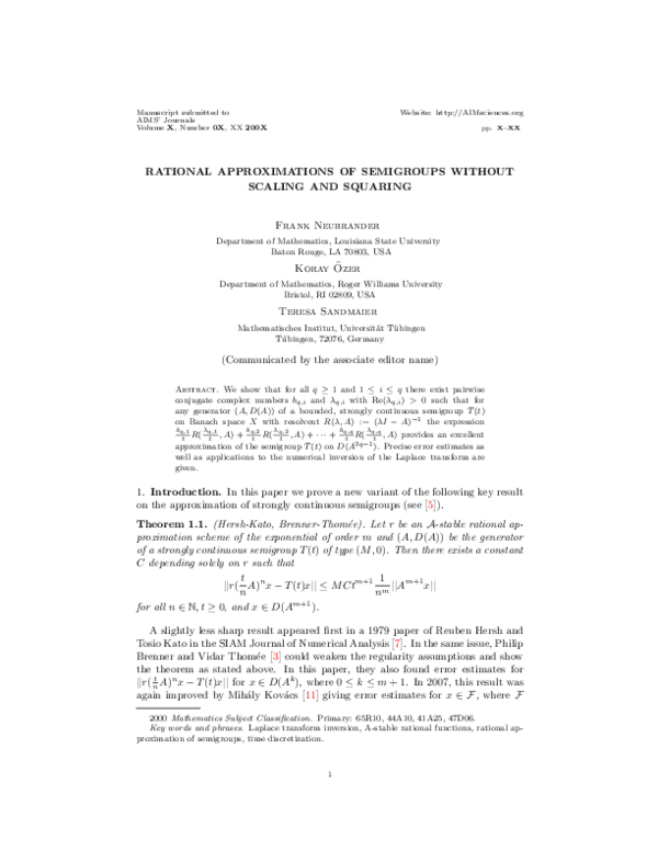 (PDF) Rational approximations of semigroups without scaling and squaring