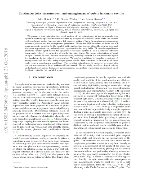 (PDF) Continuous joint measurement and entanglement of qubits in remote ...