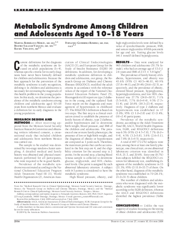 (PDF) Metabolic Syndrome Among Children and Adolescents Aged 10–18 Years