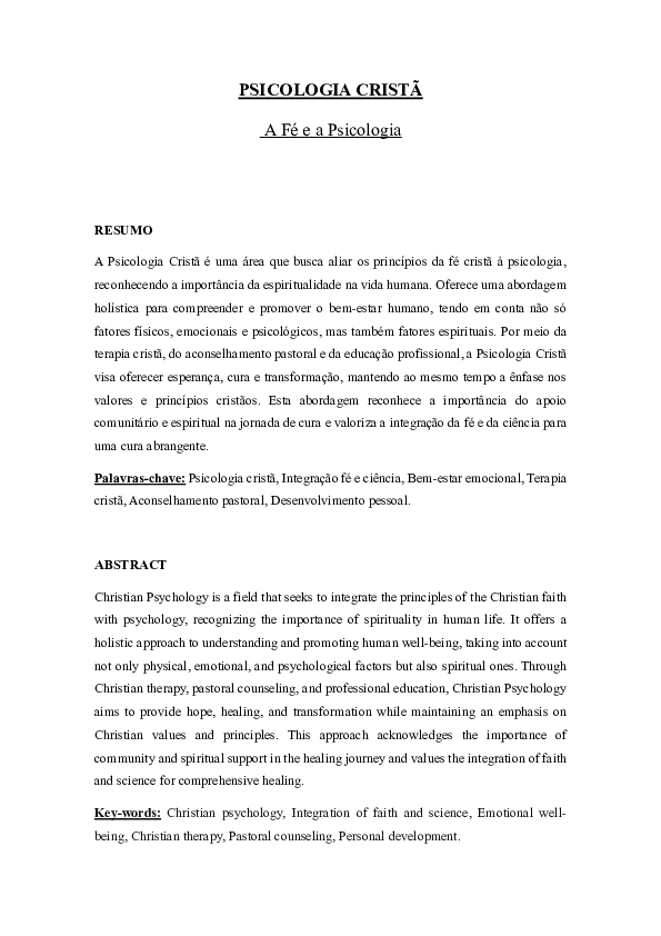 (PDF) PSICOLOGIA CRISTA Fe e Psicologia