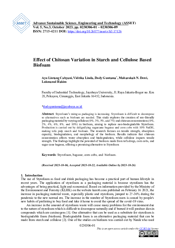 (PDF) Effect of Chitosan Variation in Starch and Cellulose Based Biofoam