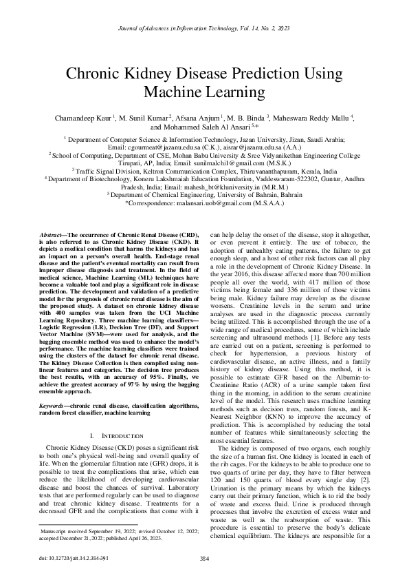 (PDF) Chronic Kidney Disease Prediction Using Machine Learning