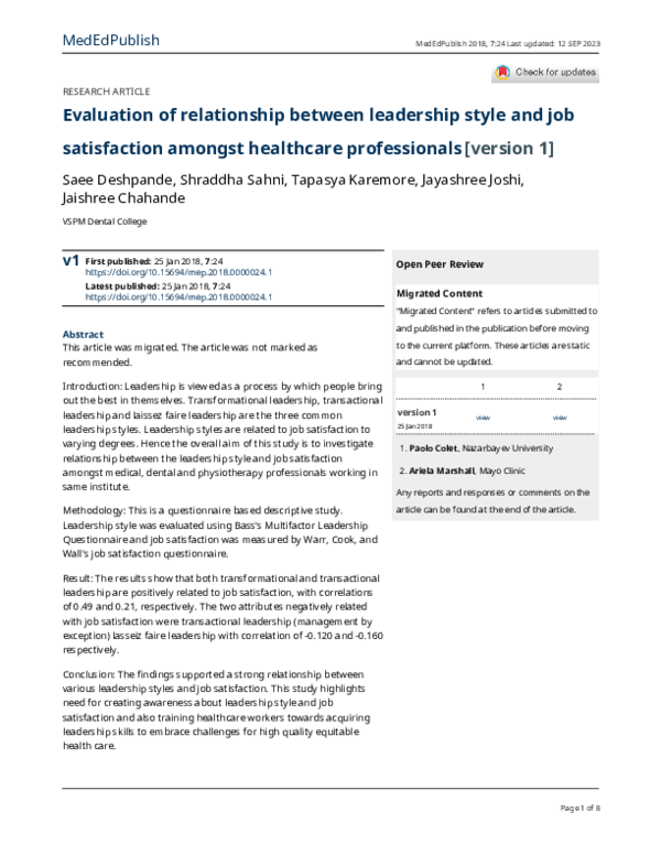 (PDF) Evaluation of relationship between leadership style and job ...