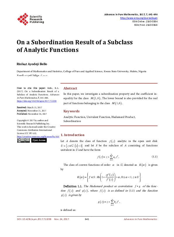 (PDF) On a Subordination Result of a Subclass of Analytic Functions