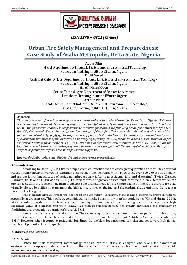 (PDF) Urban Fire Safety Management and Preparedness: Case Study of ...
