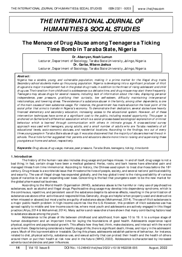 (PDF) The Menace of Drug Abuse among Teenagers a Ticking Time Bomb in ...