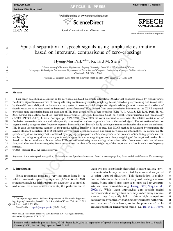 (PDF) Spatial separation of speech signals using amplitude estimation ...