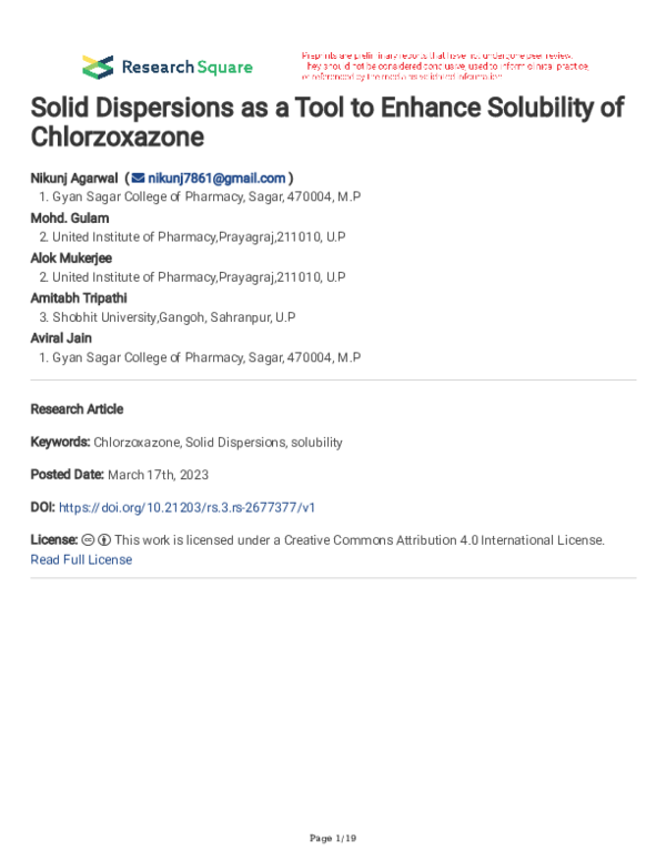 (PDF) Solid Dispersions as a Tool to Enhance Solubility of Chlorzoxazone
