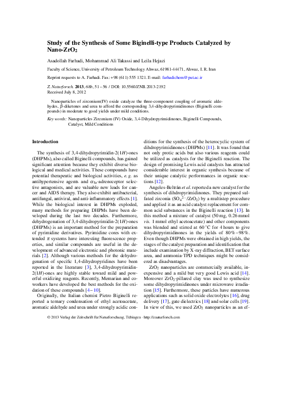 (PDF) Study of the Synthesis of Some Biginelli-type Products Catalyzed ...