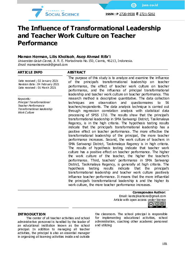 (PDF) The Influence of Transformational Leadership and Teacher Work ...