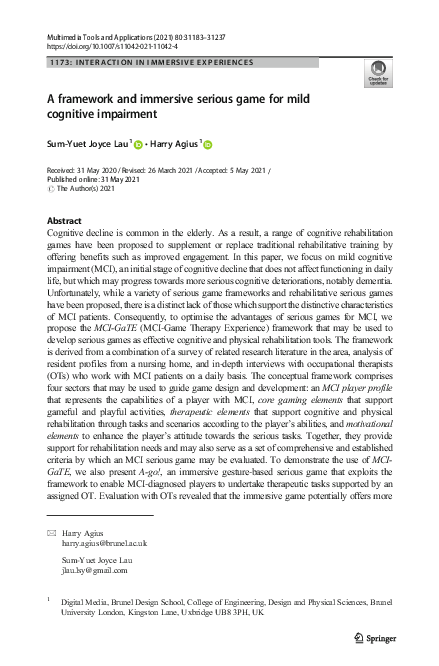 (PDF) A framework and immersive serious game for mild cognitive impairment