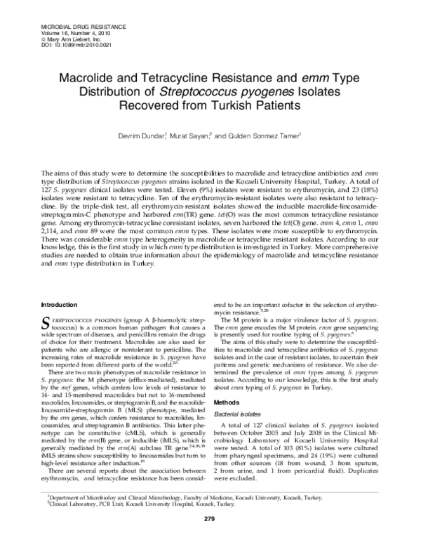 (PDF) Macrolide and Tetracycline Resistance and emm Type Distribution ...
