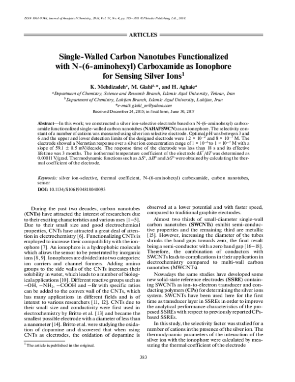 (PDF) Single-walled carbon nanotubes functionalized with ...