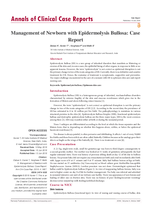(PDF) Management of Newborn with Epidermolysis Bullosa: Case Report