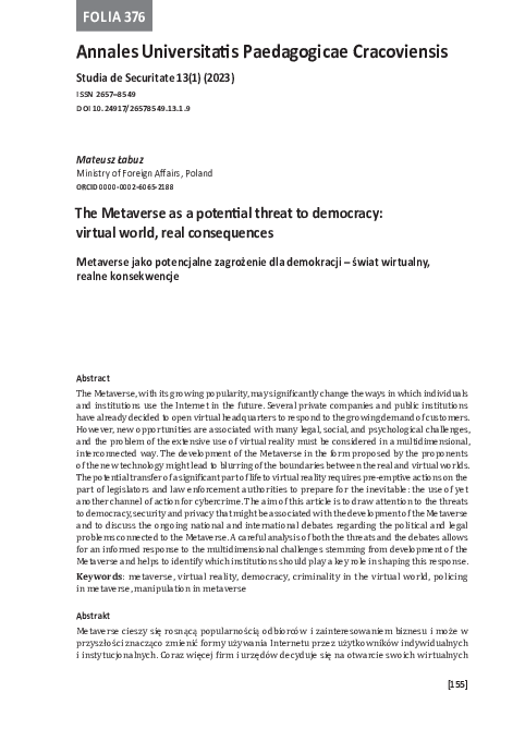(PDF) The Metaverse as a potential threat to democracy : virtual world ...