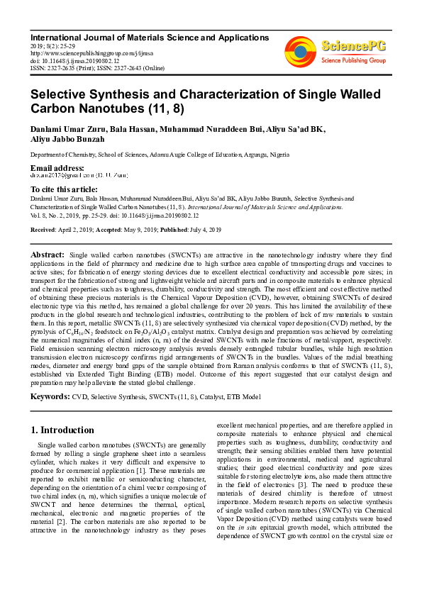 (PDF) Selective Synthesis and Characterization of Single Walled Carbon ...