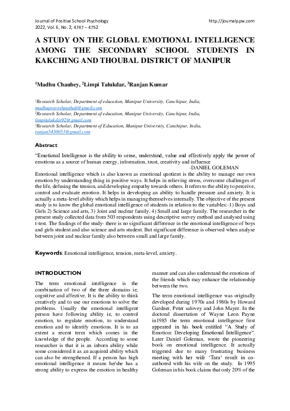 (PDF) A Study on the Global Emotional Intelligence Among the Secondary ...