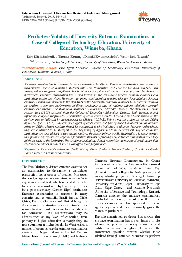 (PDF) Predictive Validity of University Entrance Examinations , a Case ...