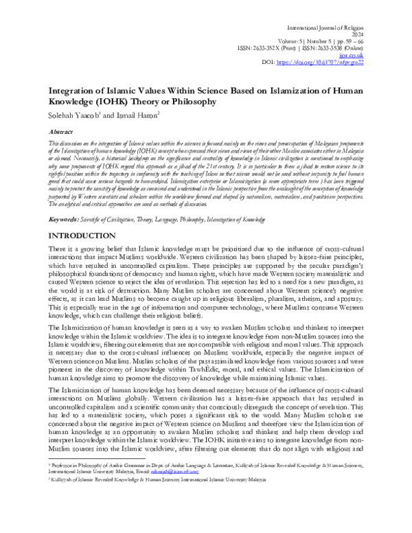 (PDF) Integration of Islamic Values Within Science Based on ...