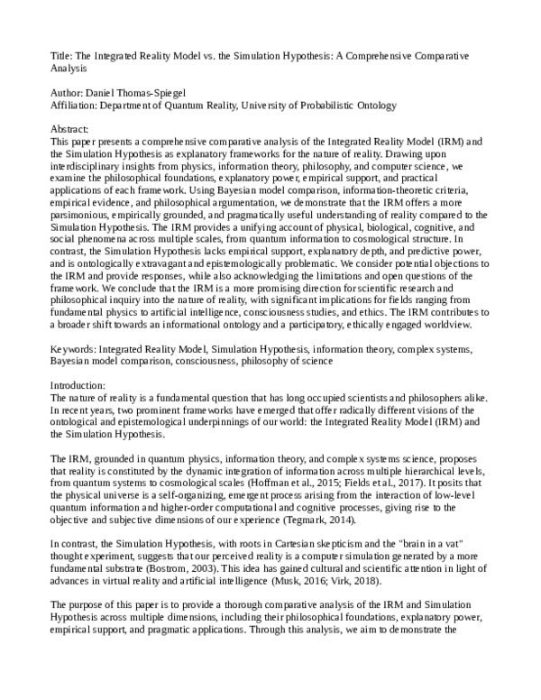 (PDF) Title: The Integrated Reality Model vs. the Simulation Hypothesis ...