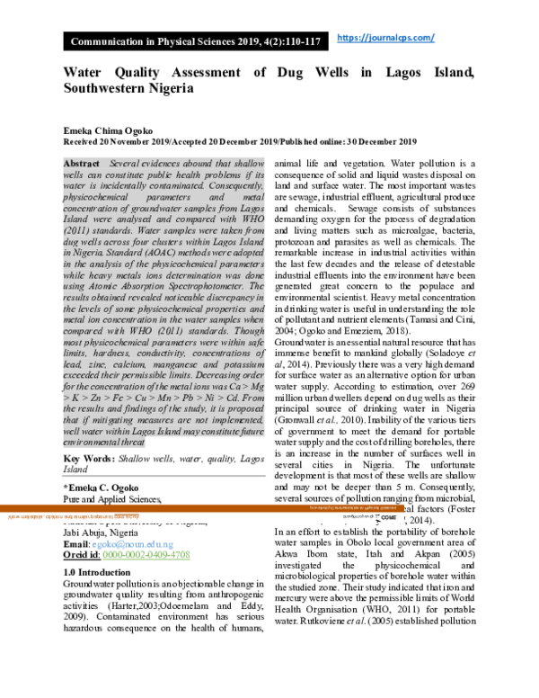 (PDF) Water Quality Assessment of Dug Wells in Lagos Island ...