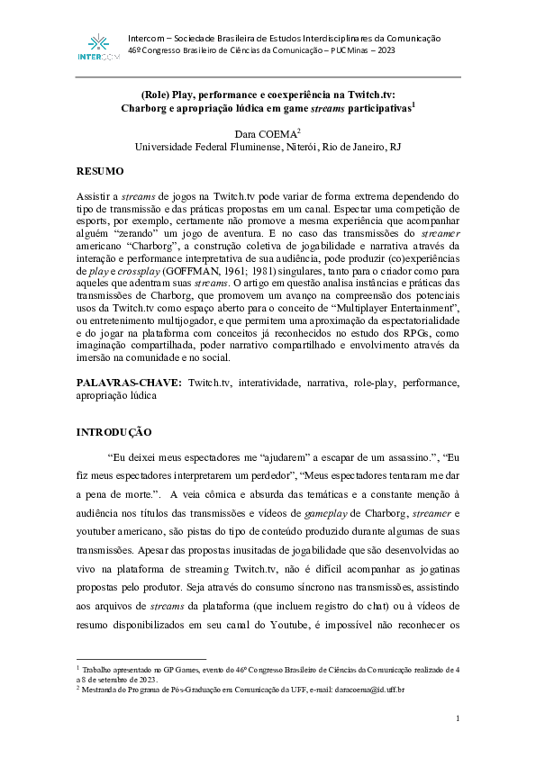 (PDF) (Role) Play, performance e coexperiência na Twitch.tv: Charborg e ...