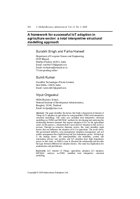 (PDF) A framework for successful IoT adoption in agriculture sector: a ...