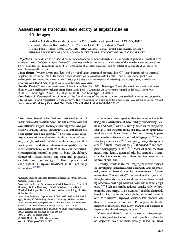 (PDF) Assessments of trabecular bone density at implant sites on CT images