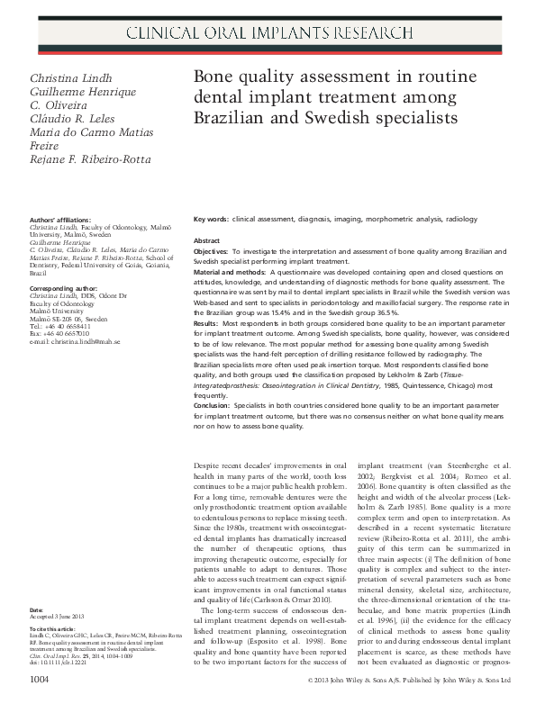 (PDF) Bone quality assessment in routine dental implant treatment among ...