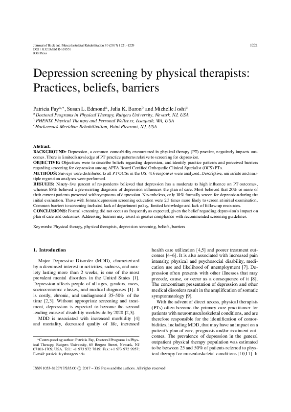 (PDF) Depression screening by physical therapists: Practices, beliefs ...