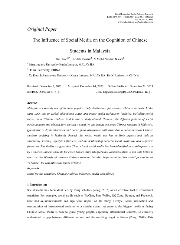 (PDF) The Influence of Social Media on the Cognition of Chinese ...