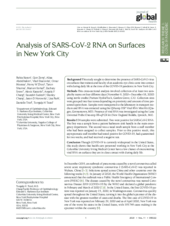 (PDF) Analysis of SARS-CoV-2 RNA on surfaces in New York City
