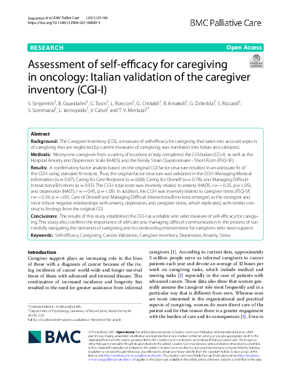 (PDF) Assessment of self-efficacy for caregiving in oncology: Italian ...