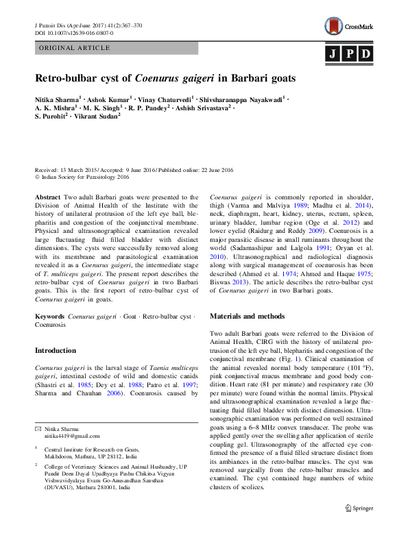 (PDF) Retro-bulbar cyst of Coenurus gaigeri in Barbari goats