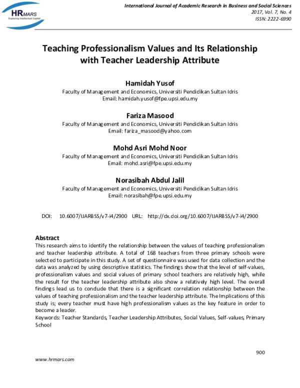 (PDF) Teaching Professionalism Values and Its Relationship with Teacher ...