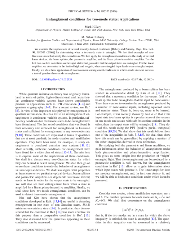 (PDF) Entanglement conditions for two-mode states: Applications