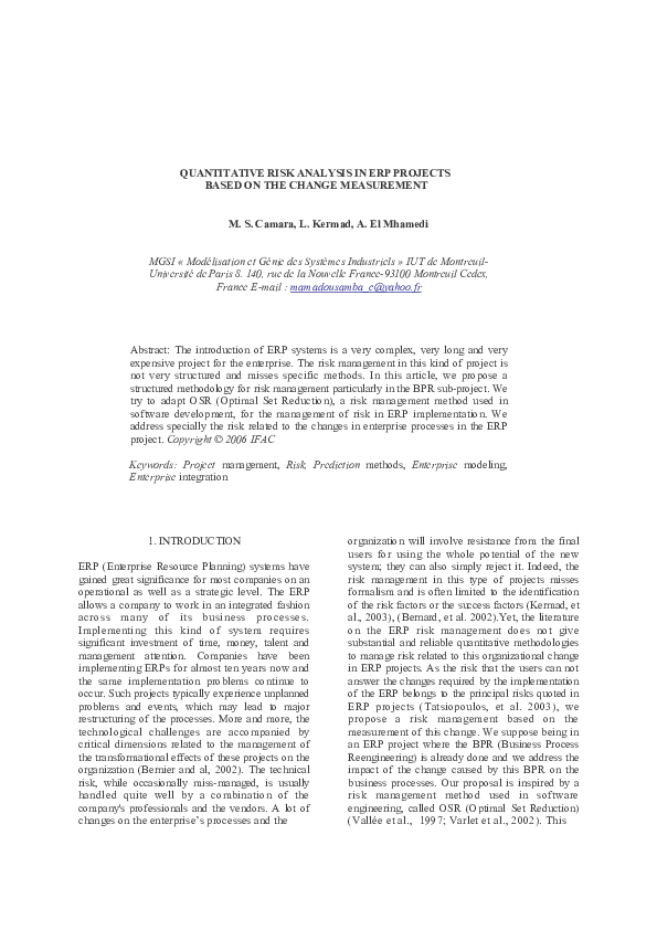 (PDF) Quantitative Risk Analysis in Erp Projects Based on the Change ...