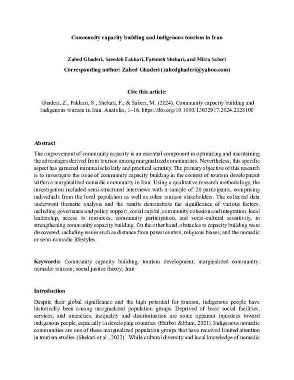 (PDF) Community capacity building and indigenous tourism in Iran