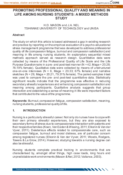 (PDF) Promoting professional quality and meaning in life among nursing ...