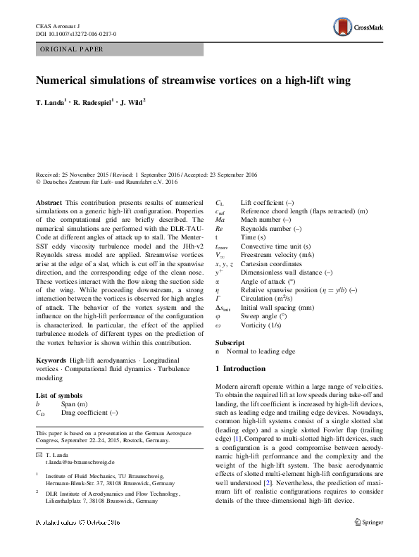 (PDF) Numerical Simulations of Streamwise Vortices on a Generic High ...
