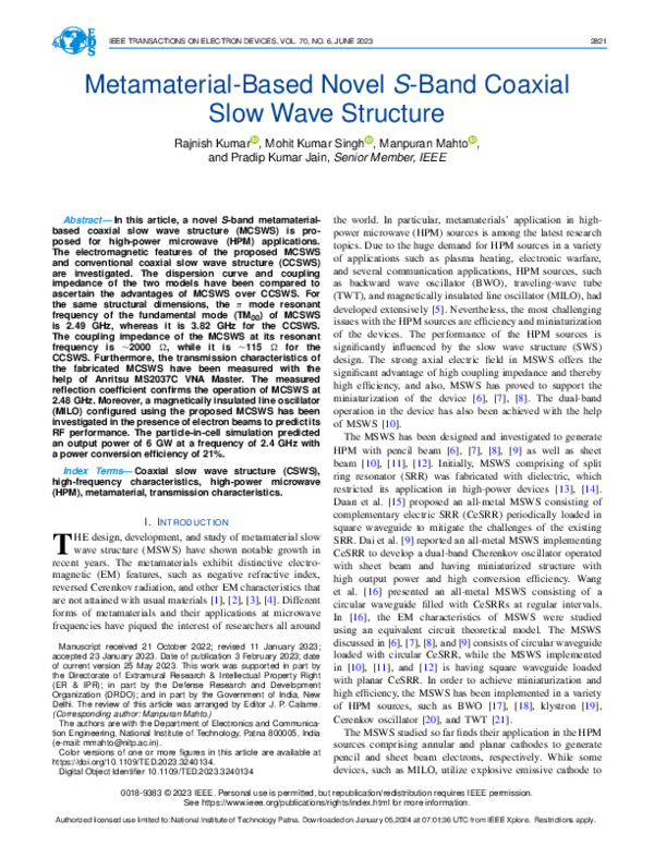 (PDF) Metamaterial-Based Novel S-Band Coaxial Slow Wave Structure