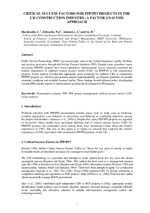 (PDF) Critical success factors for PPP/PFI projects in the UK ...
