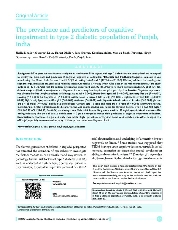 (PDF) The prevalence and predictors of cognitive impairment in type 2 ...
