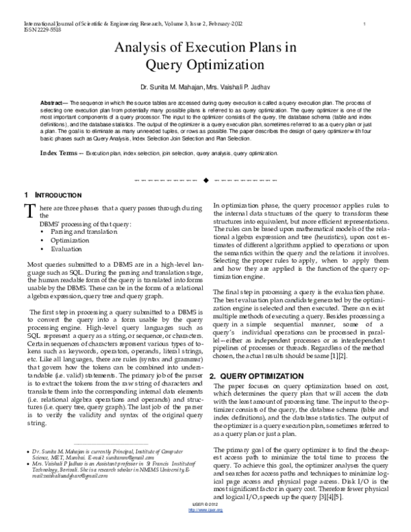 (PDF) An analysis of execution plans in query optimization