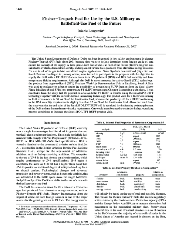 (PDF) Fischer−Tropsch Fuel for Use by the U.S. Military as Battlefield ...