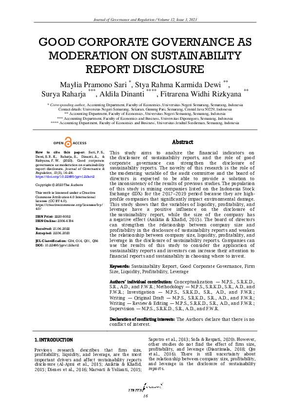 (PDF) Good corporate governance as moderation on sustainability report ...