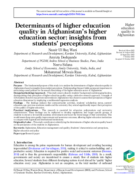(PDF) Determinants of higher education quality in Afghanistan's higher ...