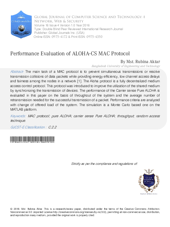 (PDF) Performance Evaluation of ALOHA-CS MAC Protocol