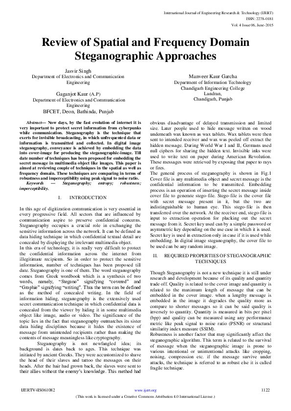 (PDF) Review of Spatial and Frequency Domain Steganographic Approaches