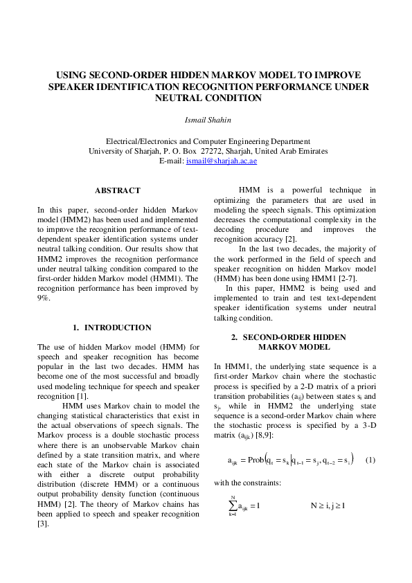 (PDF) Using Second-Order Hidden Markov Model to Improve Speaker ...